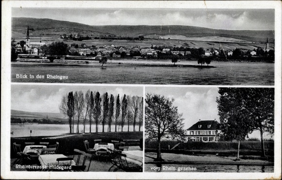 Postcard Heidenfahrt Heidesheim am Rhein, long shot, Rheinterrasse Hildegard, owner Hans Spengler