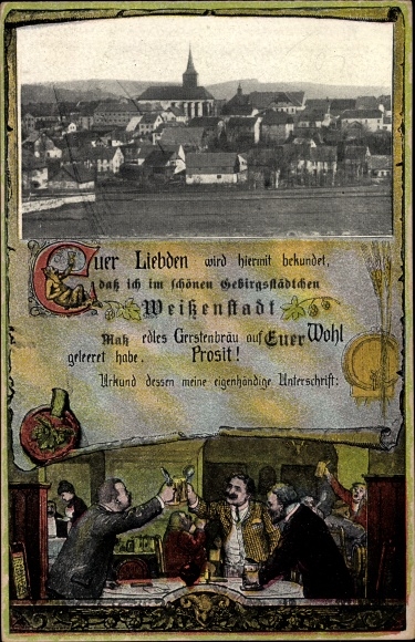 Postcard Weißenstadt in the valley of the Eger Fichtelgebirge, panorama of the place, regulars&#39; table, toasting with beer