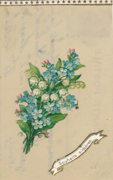 Celluloid Postcard bouquet of forget-me-nots and lilies of the valley