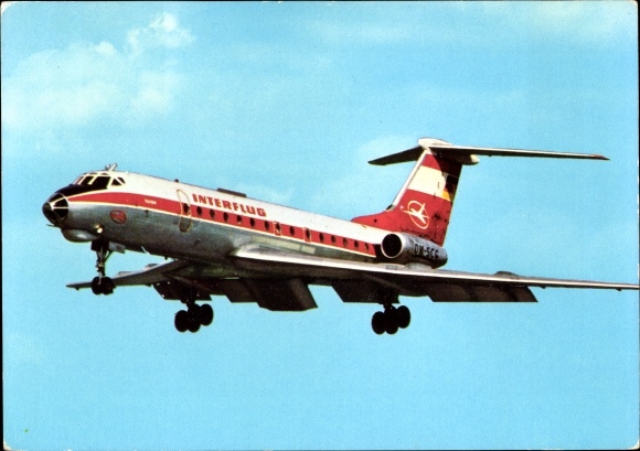 Postcard German passenger aircraft Tupolev TU-134 Interflug, turbine jet airliner