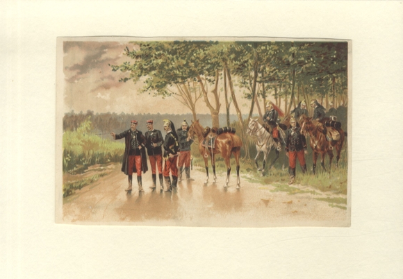 Lacquer painting Soldiers and Officers with Horses, 13.5 x 21 cm
