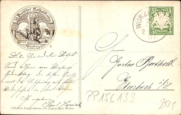 Postwaardestukken kunstenaarskaart Wagner, Richard, Würzburg am Main, 54e Duitse katholieke dag 1907, St. Kilian
