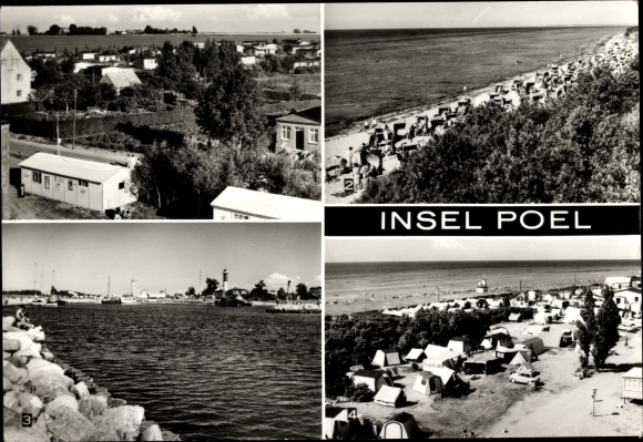 Postcard Timmendorf on the island of Poel, bungalows, black bush, harbor and lighthouse, campground
