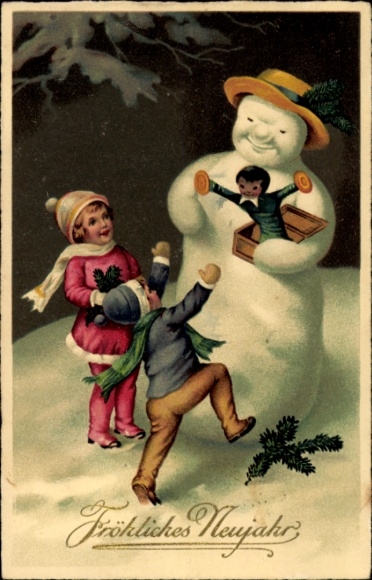Ak Glückwunsch Neujahr, Schneemann, Kinder, Spielzeug, Tannenzweig