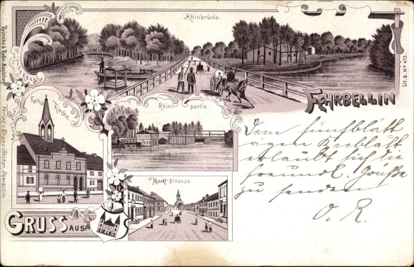 Chromo-Litho Fehrbellin in Brandenburg, Rhinbrücke, Marktstrasse, Catholic Church