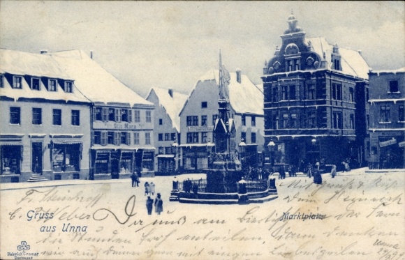 Ak Unna in Westfalen, Marktplatz, Kriegerdenkmal, Rathaus, Winter