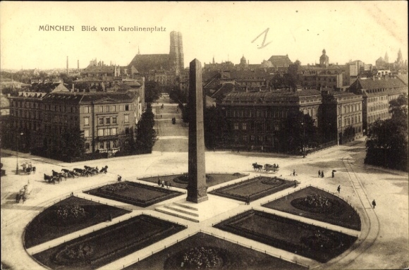 Ak München, uitzicht vanaf Karolinenplatz, Frauenkirche, kolom