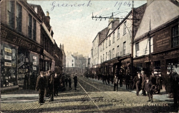 Postcard Greenock Scotland, Hamilton Street, shops, people on the street, colored