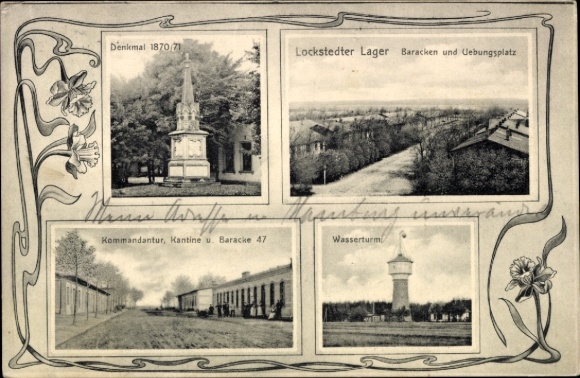 Postcard Lockstedt in Holstein, Lockstedt camp, memorial, water tower, barracks, training area