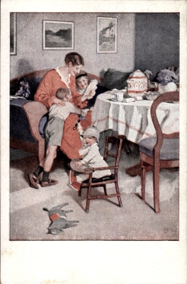 Artist Postcard Wennerberg, Bruno, Good news from the front, mother and children read soldier's letter