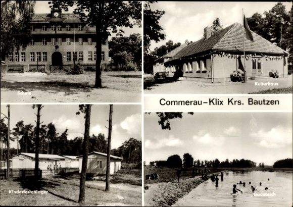 Ak Commerau Klix Großdubrau in Saksen, school, cultureel centrum, kindervakantiekamp, zwemvijver