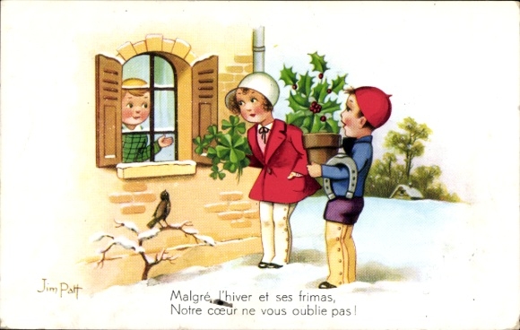 Artist Postcard Patt, Jim, Children with clover and horseshoe in front of a window
