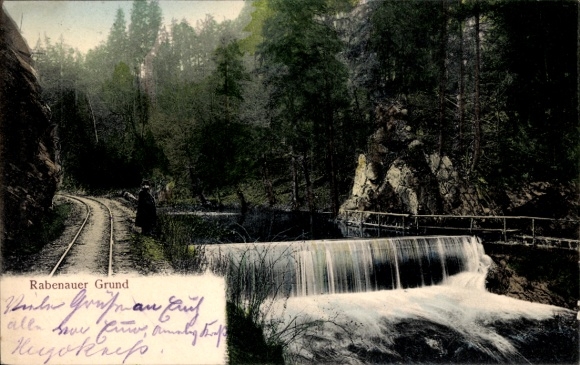 Postcard Rabenau in the Ore Mountains, Rabenauer Grund, waterfall, walker, forest landscape
