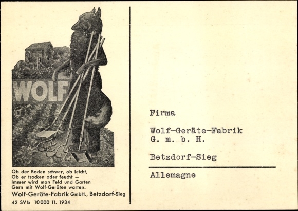 PC Betzdorf an der Sieg, advertising, Wolf- Geräte-Fabrik GmbH, order card Der Wolfer