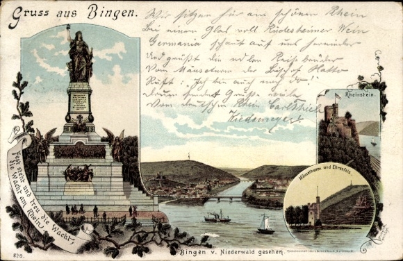 Chromo-Litho Bingen am Rhein, Niederwald Monument, Rheinstein, Mouse Tower, Ehrenfels
