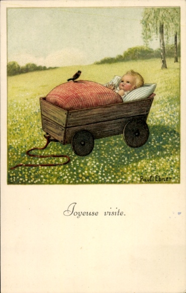 Künstler Ak Ebner, Pauli, Der kleine Sänger, Kind, Holzkarren, Vogel