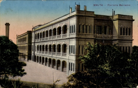 Postcard Floriana Malta, Floriana Barracks, historical architecture, Maltese landscape, palm trees