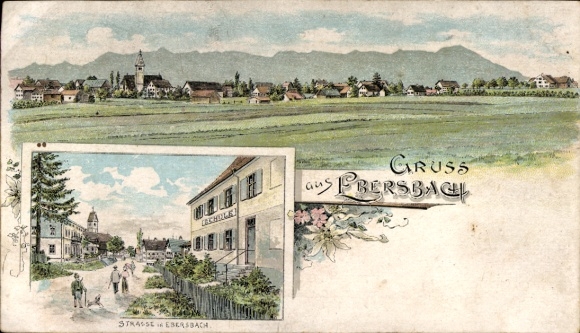 Litho Ebersbach an der Fils, Gesamtansicht, Straßenpartie, Schule