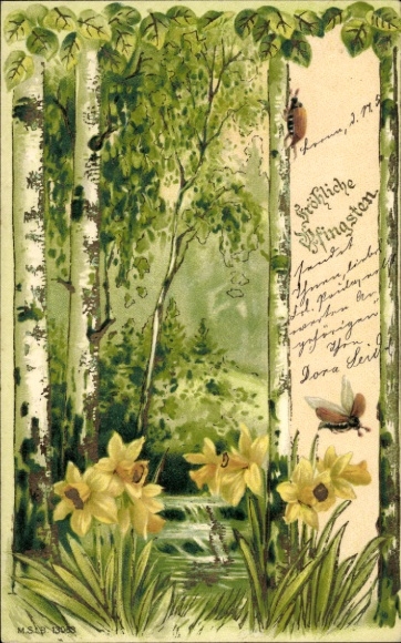 Embossed Postcard Congratulations Pentecost, May beetle, birch