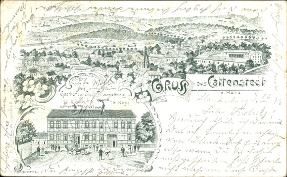 Litho Cattenstedt Blankenburg am Harz, Gasthof zur Stadt Braunschweig, Totalansicht