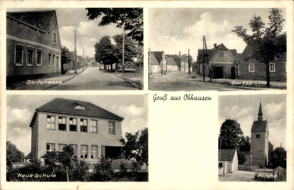Ak Obhausen im Saalekreis, Dorfstraße, Nieuwe School, Kerk
