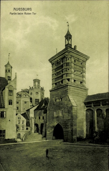 Postcard Augsburg in Swabia, Red Gate, architecture, city view