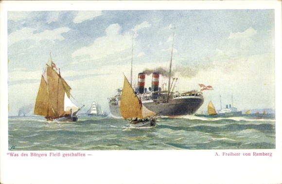 Artist Postcard Ramberg, A. Freiherr von, Steamer, Austrian Fleet Association, Austrian Lloyd