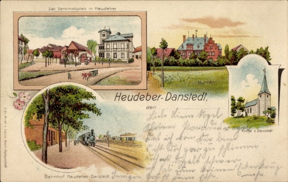 litho Danstedt Nordharz, Heudeber, kerk, treinstation, herdenkingsplein
