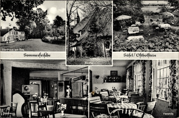 Postcard Süsel in Ostholstein, inn by the lake, porch, church