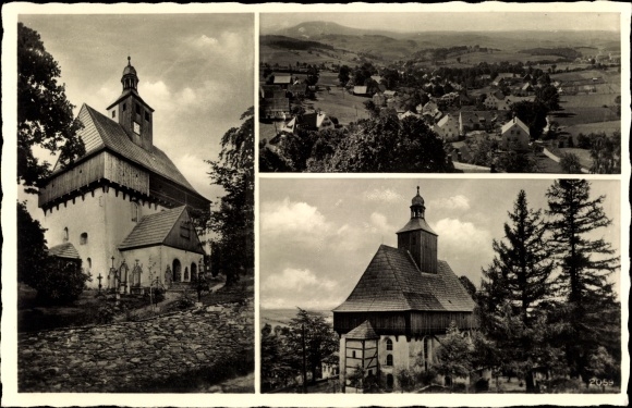 Ansichtkaart Großrückerswalde in het Ertsgebergte, gedeeltelijk zicht, kerk, restauratie Blasius