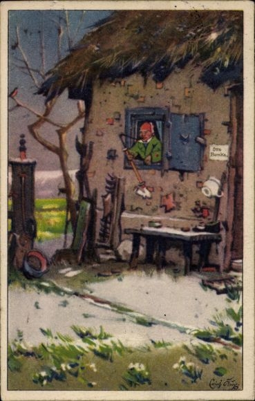 Artist Postcard Kux, E., man at the window, house, courtyard