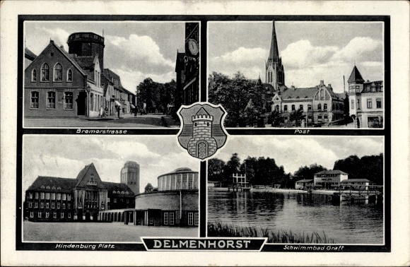 Postcard Delmenhorst Lower Saxony, Bremerstraße, post office, church, Hindenburgplatz, Graft swimming pool, coat of arms
