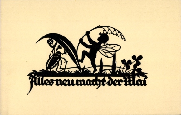 Paper cut Postcard Schwindt, AM, May makes everything new, may beetle, elf, shamrocks