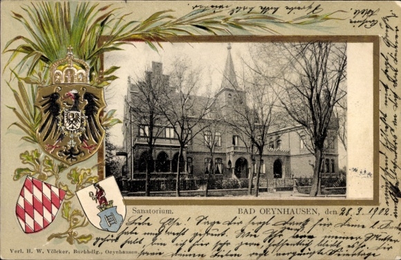 Ak Bad Oeynhausen in Westfalen, Historisches Sanatorium, Prunkvolle Wappen, Datum: 28.3.1912