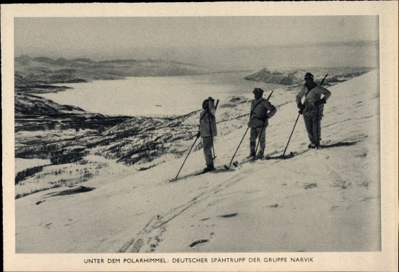Postcard Unter dem Polarhimmel, German reconnaissance troop of the Narvik group, Wehrmacht