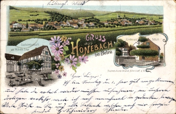 Chromo-Litho Hönebach Wildeck in Hesse, Panorama, Inn of Wilhelm Erbe, Church, School