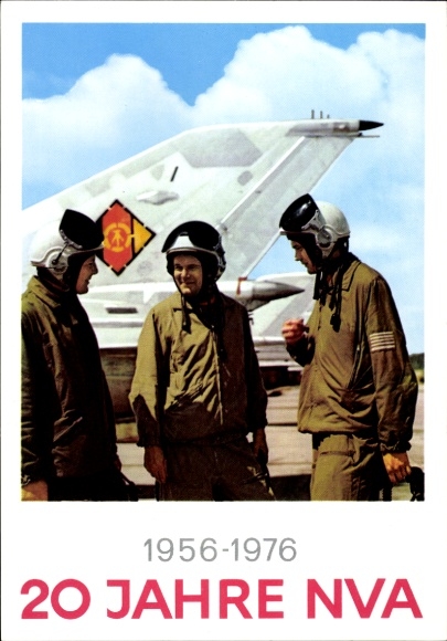 Postcard 20 years NVA 1956-1976, National People's Army of the GDR, fighter plane, pilot in uniform