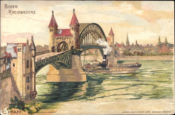 Artist Chromo-Litho Pfaff, C., Bonn on the Rhine, Rhine bridge, steamer