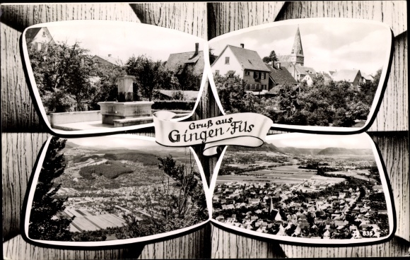 Postcard Gingen an der Fils, general view, church, fountain