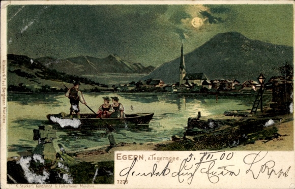 Ak Egern am Tegernsee Oberbayern, Malerei mit Boot auf See, Mondschein, Kirche, Berge