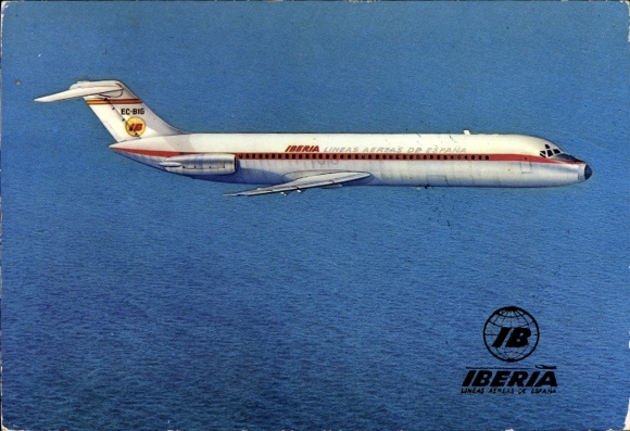 Postcard Spanish passenger plane, Iberia, Douglas DC 9