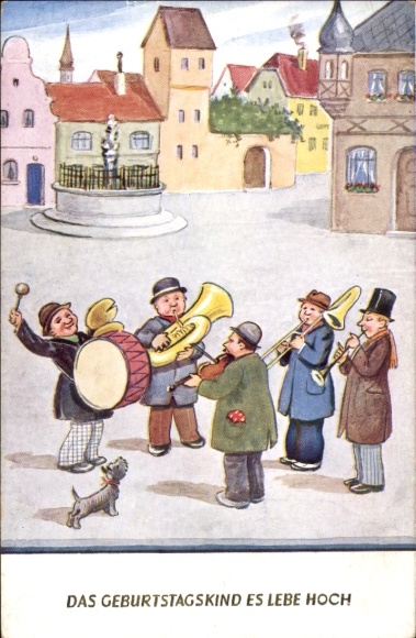 Postcard Happy Birthday, Musician Men, Drum, Dog