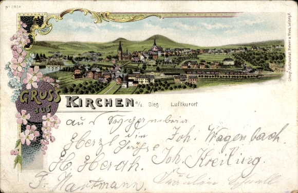 Chromo-Litho churches at the Sieg, panorama, flowers