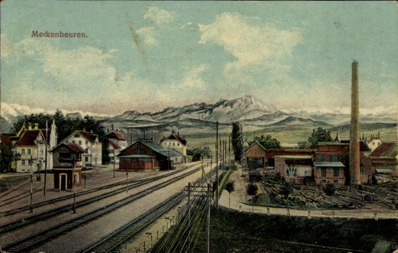 Postcard Meckenbeuren in Upper Swabia Württemberg, partial view, station facilities