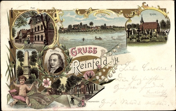 Chromo-Litho Reinfeld in Holstein, church, post office, war memorial, Matthias Claudius