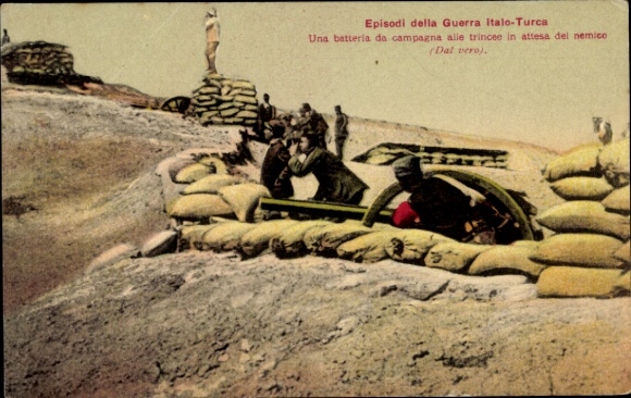 Postcard Episodi della Guerra Italo-Turco, Una battery da campagna alle trincee in attesa