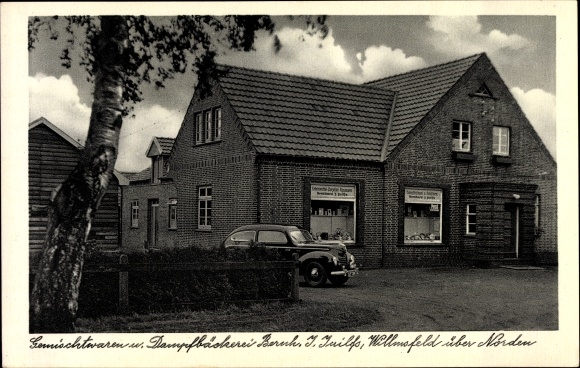 Ak Willmsfeld Westerholt über Norden, Dampfbäckerei Beruh, J. Juilfs, Automobil