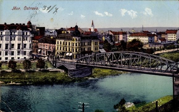 Ak Moravská Ostrava Mährisch Ostrau Region Mährisch Schlesien, Stadtansicht mit Brücke, Häuser...