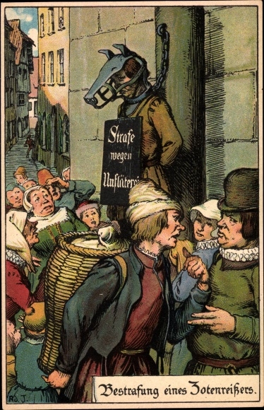 Künstler Litho Jodolfi, Bestrafung eines Zotenreißers, Hundemaske, Strafe wegen Unfläterei