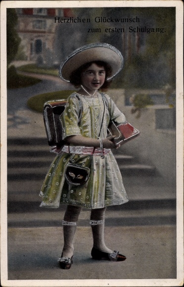 PC congratulations on starting school, girl portrait, backpack, schoolgirl